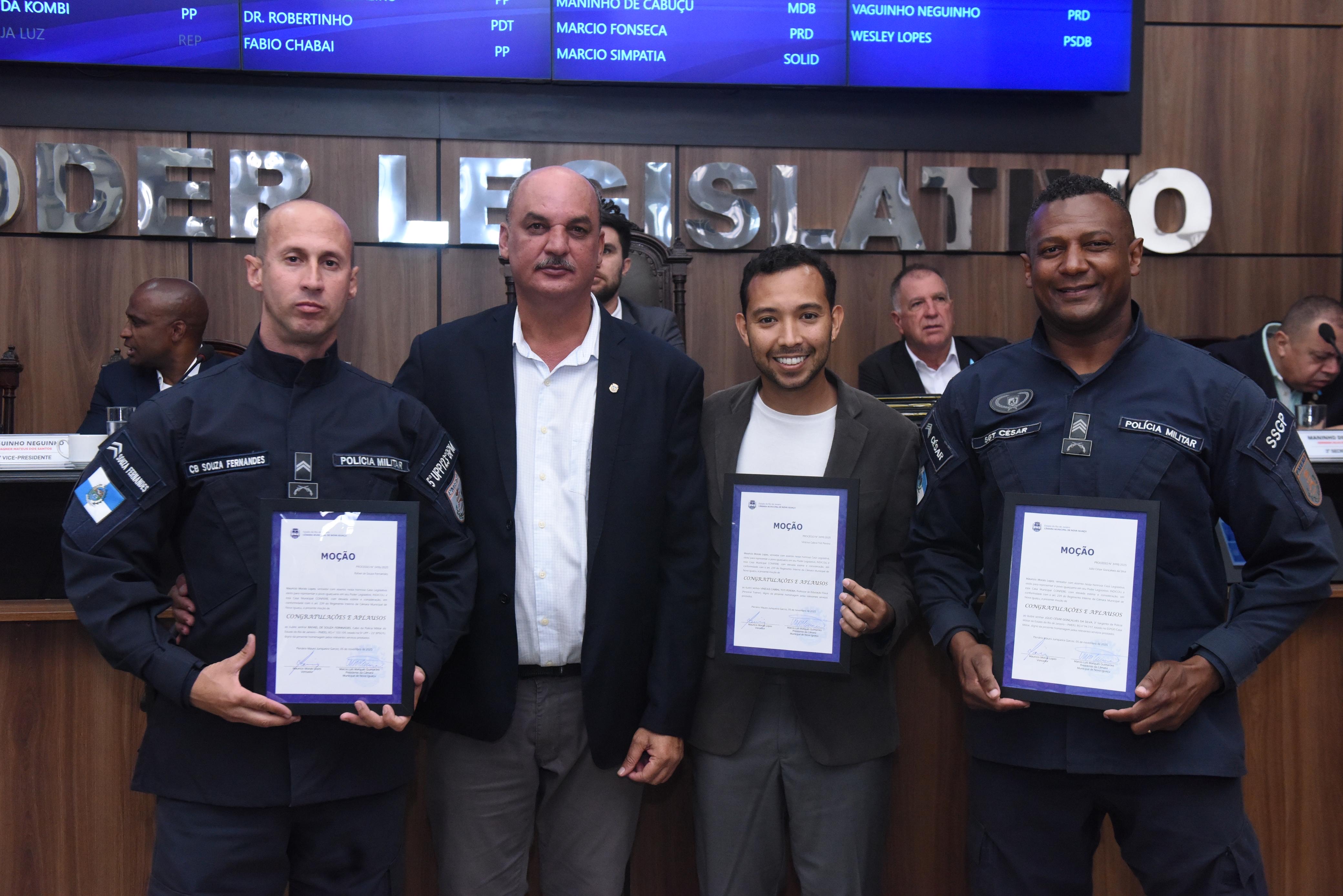 Cabo PM Rafael de Souza, ver Mauricio Morais, personal trainer Vinícius Cabral e 3º sgt PM Júlio Gonçalves: personalidades recebem Moções de Aplausos